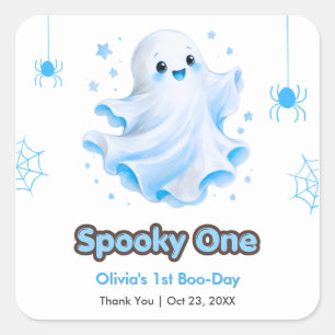 Blue Cute Ghost Spooky One Halloween 1st Birthday  Square Sticker