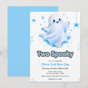 Blue Cute Ghost Two Spooky Halloween 2nd Birthday Invitation