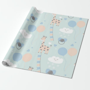 Blue Cute Giraffe Baby Shower Pattern Wrapping Paper