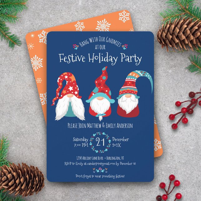 Blue Cute Gnomes Christmas Festive Holiday Party Invitation (Creator Uploaded)