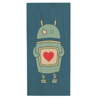 Blue Cute Heart Holding Cartoon Robot Wood USB Flash Drive