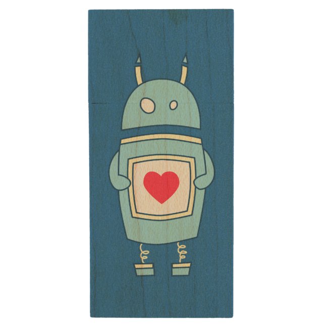 Blue Cute Heart Holding Cartoon Robot Wood USB Flash Drive (Front Vertical)