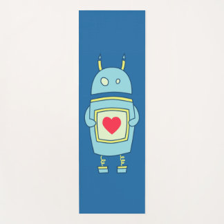 Blue Cute Heart Holding Cartoon Robot Yoga Mat