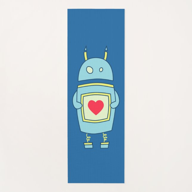 Blue Cute Heart Holding Cartoon Robot Yoga Mat (Front)