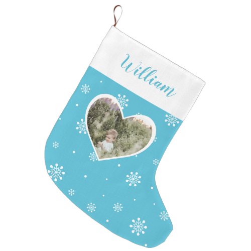 Blue Cute Heart Snowflakes Christmas Custom Photo Large Christmas Stocking