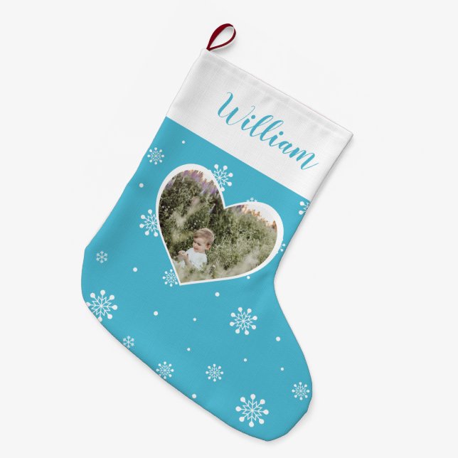 Blue Cute Heart, Snowflakes Christmas Custom Photo Large Christmas Stocking (Front (Hanging))