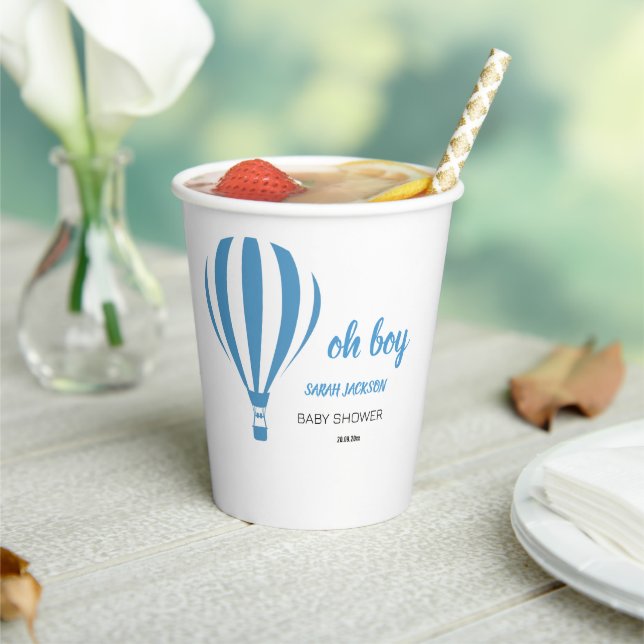 Blue Cute Hot Air Balloon Oh Boy Baby Shower Paper Cups (Insitu)