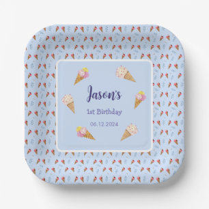Blue Cute Ice Cream Cone Kids Boy Birthday Paper Plates