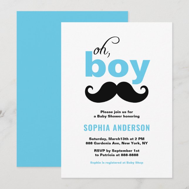 Blue Cute It's a Boy Mustache Baby Shower Invitation (Front/Back)
