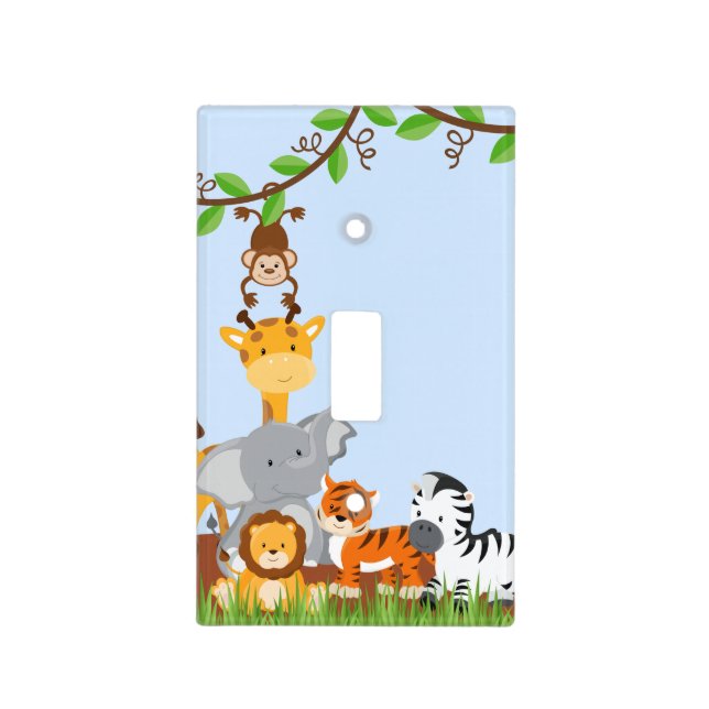 Blue Cute Jungle Baby Animals Light Switch Cover (Front)