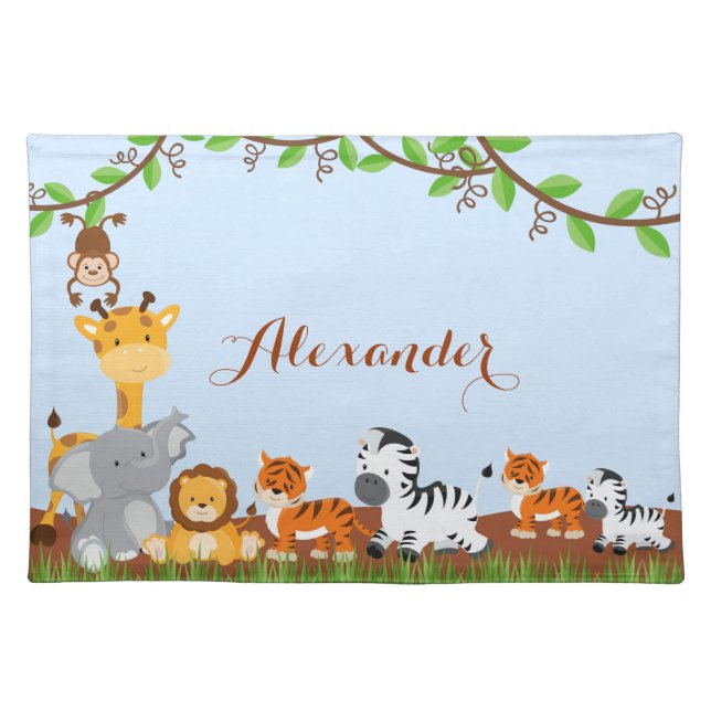 Blue Cute Jungle Baby Animals Placemat (Front)