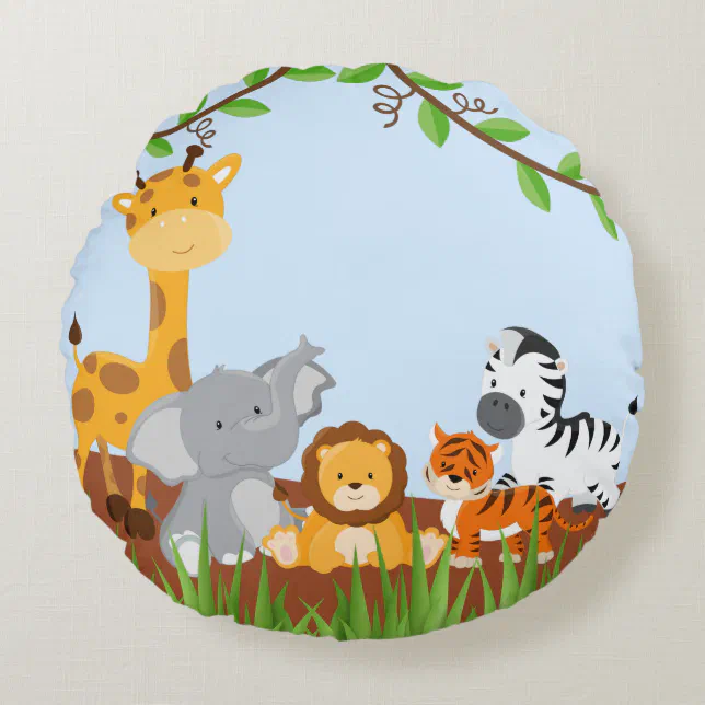Blue Cute Jungle Baby Animals Round Pillow | Zazzle