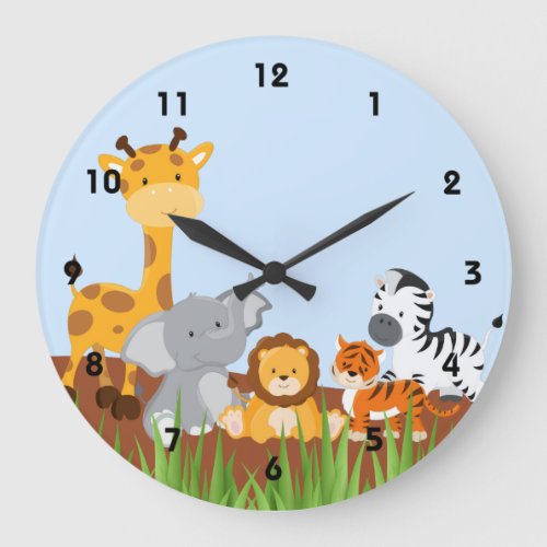 Blue Cute Jungle Baby Animals Wall Clocks