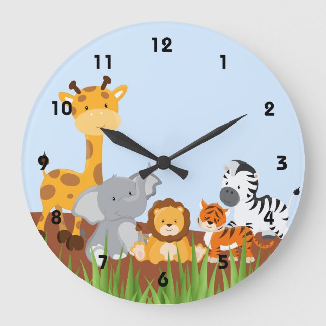 Blue Cute Jungle Baby Animals Wall Clocks (Front)