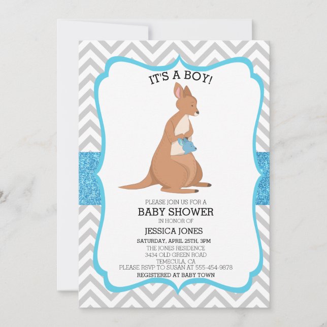 Blue Cute Kangaroo Glitter Chevron Baby Shower Invitation (Front)