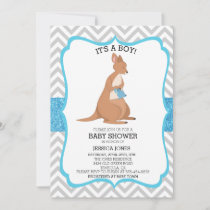 Blue Cute Kangaroo Glitter Chevron Baby Shower Invitation