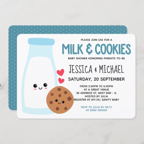 Blue Cute Kawaii Milk And Cookies Baby Shower Invitation