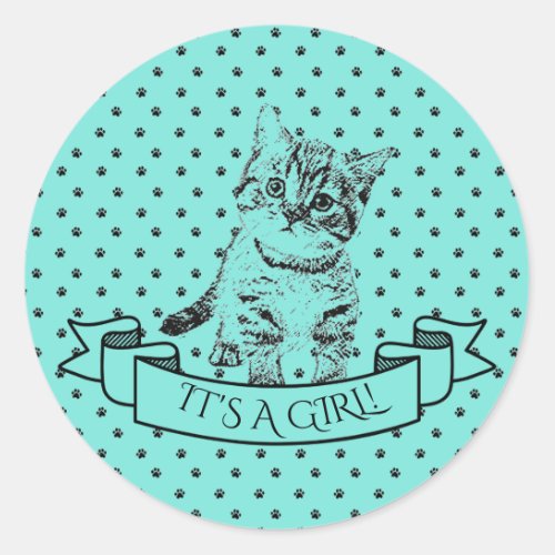 Blue Cute Kitten Cat  Baby Shower Classic Round Sticker