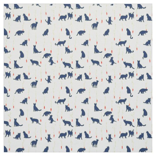 Blue cute kittens and red fishes fabric