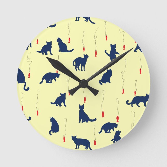 Blue cute kittens and red fishes round clock (Front)