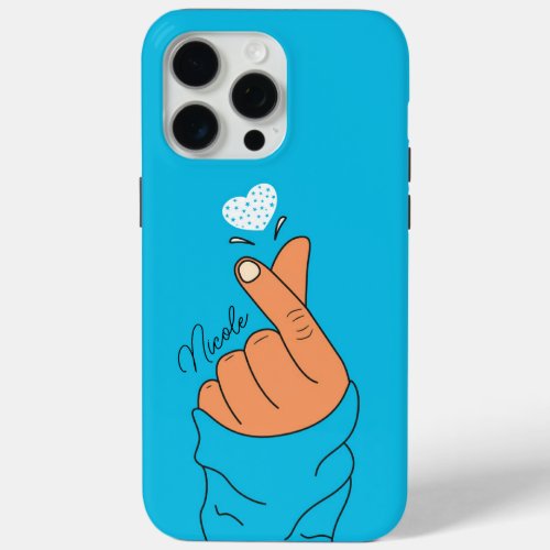 Blue Cute Korean Finger Love Heart Sign Warm Skin iPhone 15 Pro Max Case