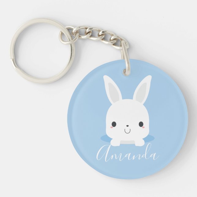 Blue Cute Little Bunny Rabbit with Custom Name Keychain (Front)