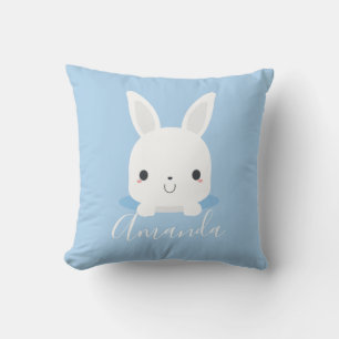 Blue Cute Little Bunny Rabbit with Custom Name Throw Pillow