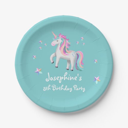 Blue Cute Magical Unicorn Kids Birthday Paper Plates