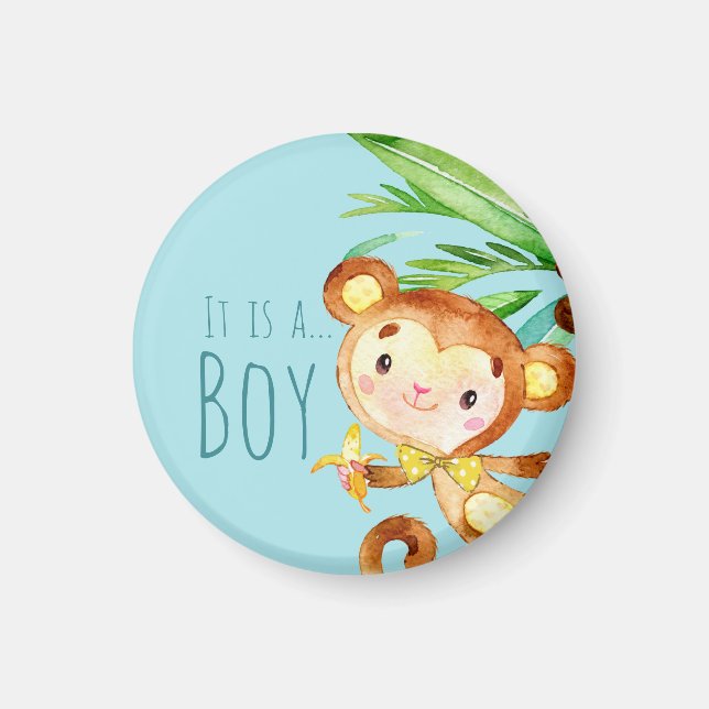 Blue Cute Monkey Baby Boy Announcement 2 Magnet (Front)