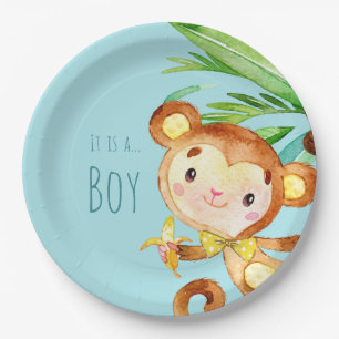 Blue Cute Monkey Baby Boy Announcement 2 Paper Plates