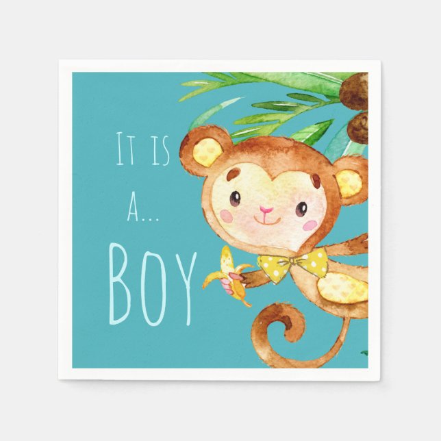 Blue Cute Monkey Baby Boy Announcement Napkins (Front)
