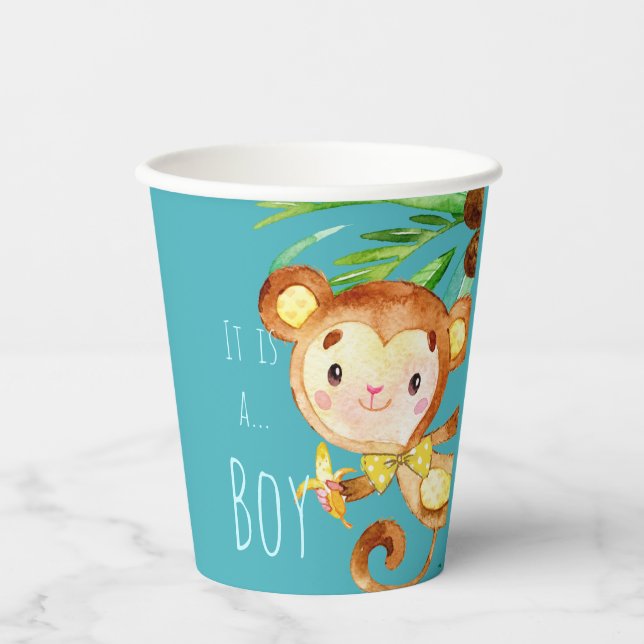 Blue Cute Monkey Baby Boy Announcement Paper Cups (Front)