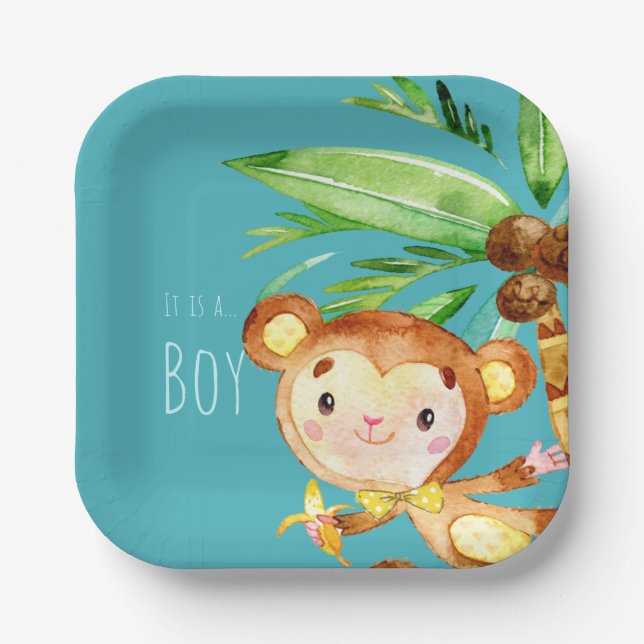 Blue Cute Monkey Baby Boy Announcement Paper Plates (Front)