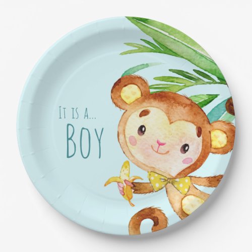 Blue Cute Monkey Baby Boy Announcement Paper Plates