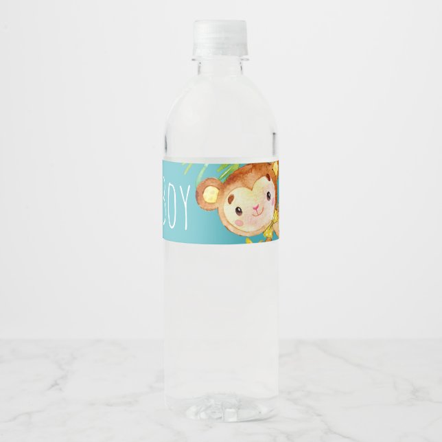 Blue Cute Monkey Baby Boy Announcement Water Bottle Label (Front)