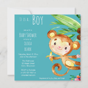 Blue Cute Monkey Baby Boy Invitation