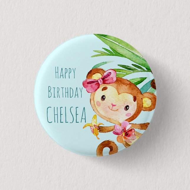 Blue Cute Monkey Personalized Happy Birthday Button (Front)