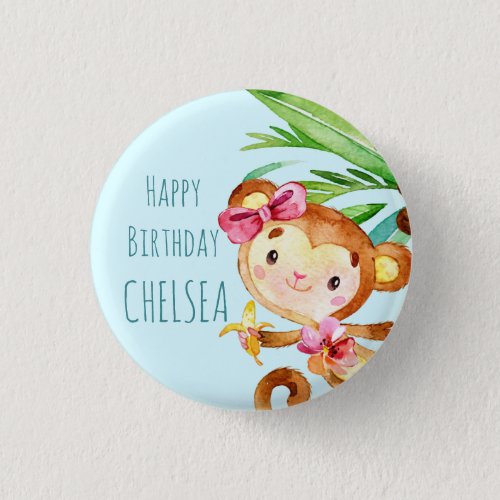 Blue Cute Monkey Personalized Happy Birthday Button