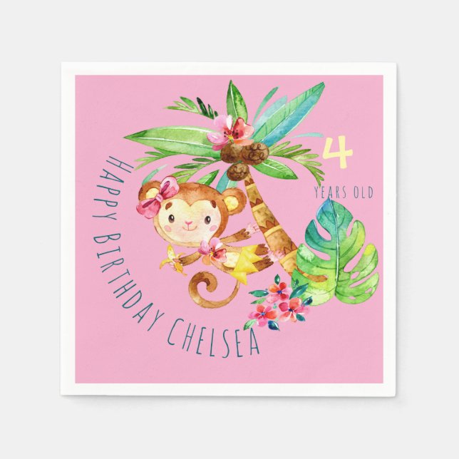 Blue Cute Monkey Personalized Happy Birthday Napkins (Front)