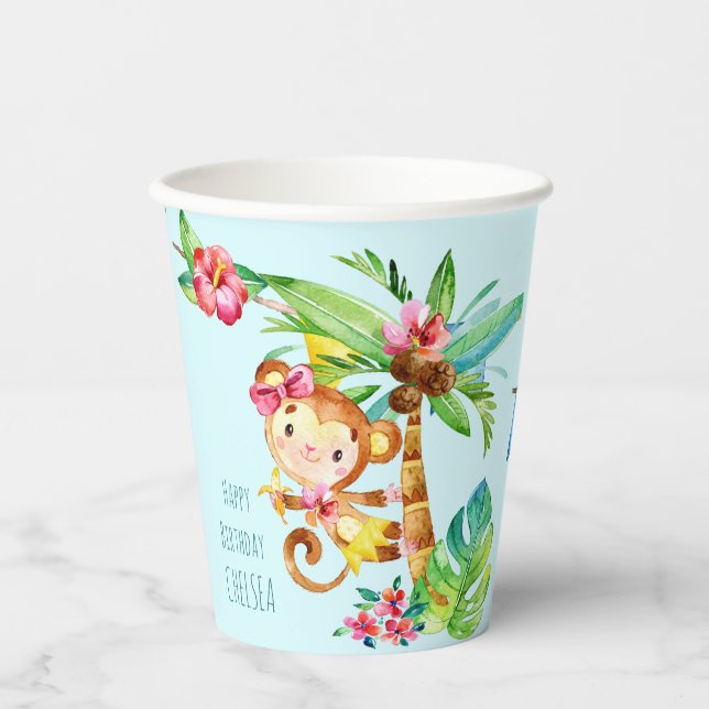 Blue Cute Monkey Personalized Happy Birthday Paper Cups (Front)
