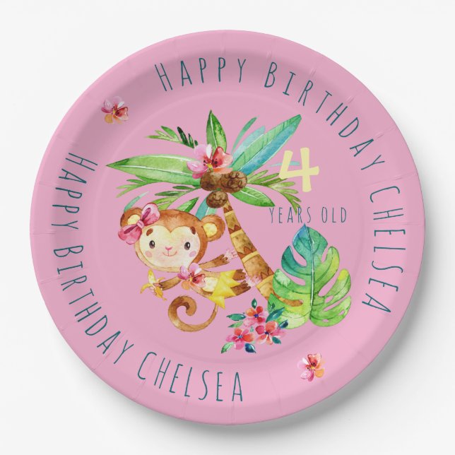 Blue Cute Monkey Personalized Happy Birthday Paper Plates (Front)