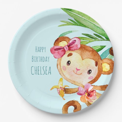 Blue Cute Monkey Personalized Happy Birthday Paper Plates