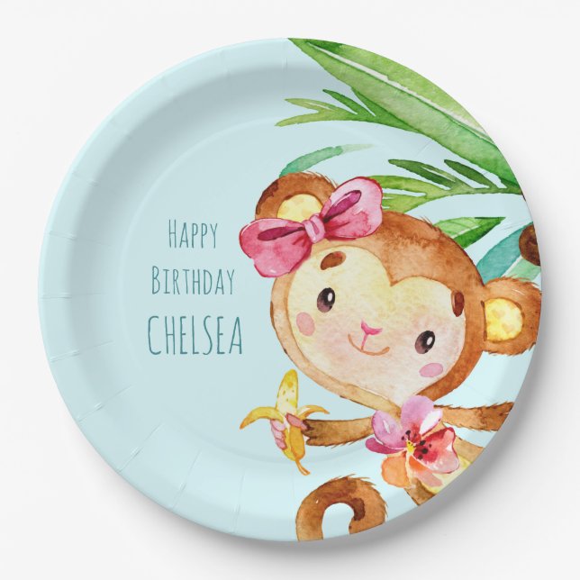 Blue Cute Monkey Personalized Happy Birthday Paper Plates (Front)