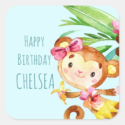 Blue Cute Monkey Personalized Happy Birthday Square Sticker