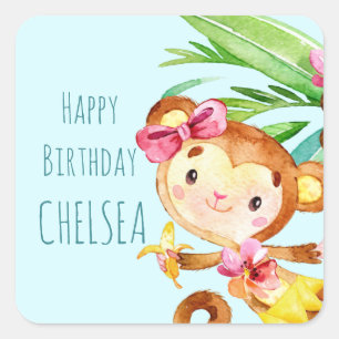 Blue Cute Monkey Personalized Happy Birthday Square Sticker