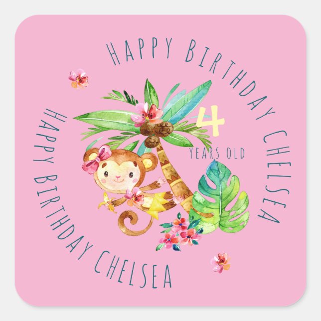 Blue Cute Monkey Personalized Happy Birthday Square Sticker (Front)