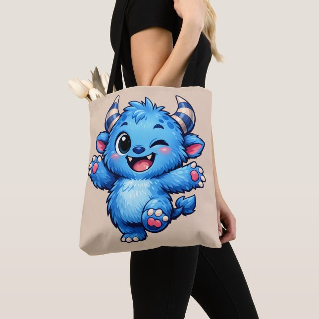 Blue Cute Monster Tote Bag (Close Up)