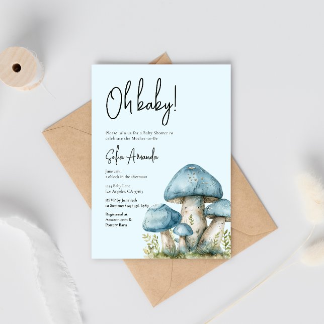 Blue Cute Mushroom Baby Shower Invitation (Creator Uploaded)