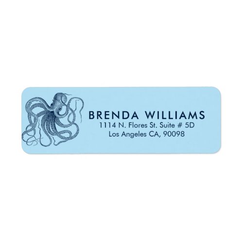 Blue Cute Octopus Blue Background Label