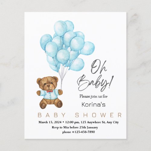 Blue cute Oh baby shower invitation with Teddy bea